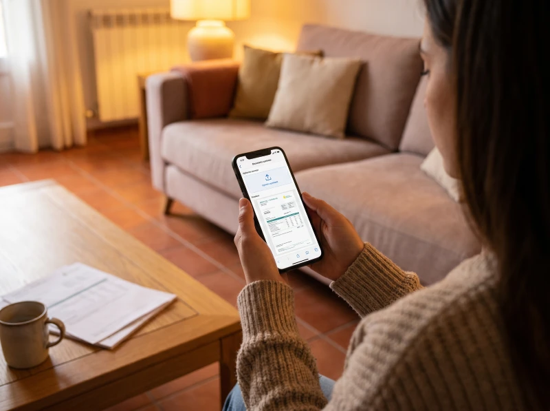 Cliente subiendo su factura de luz online para análisis gratuito de comercializadora en Móstoles