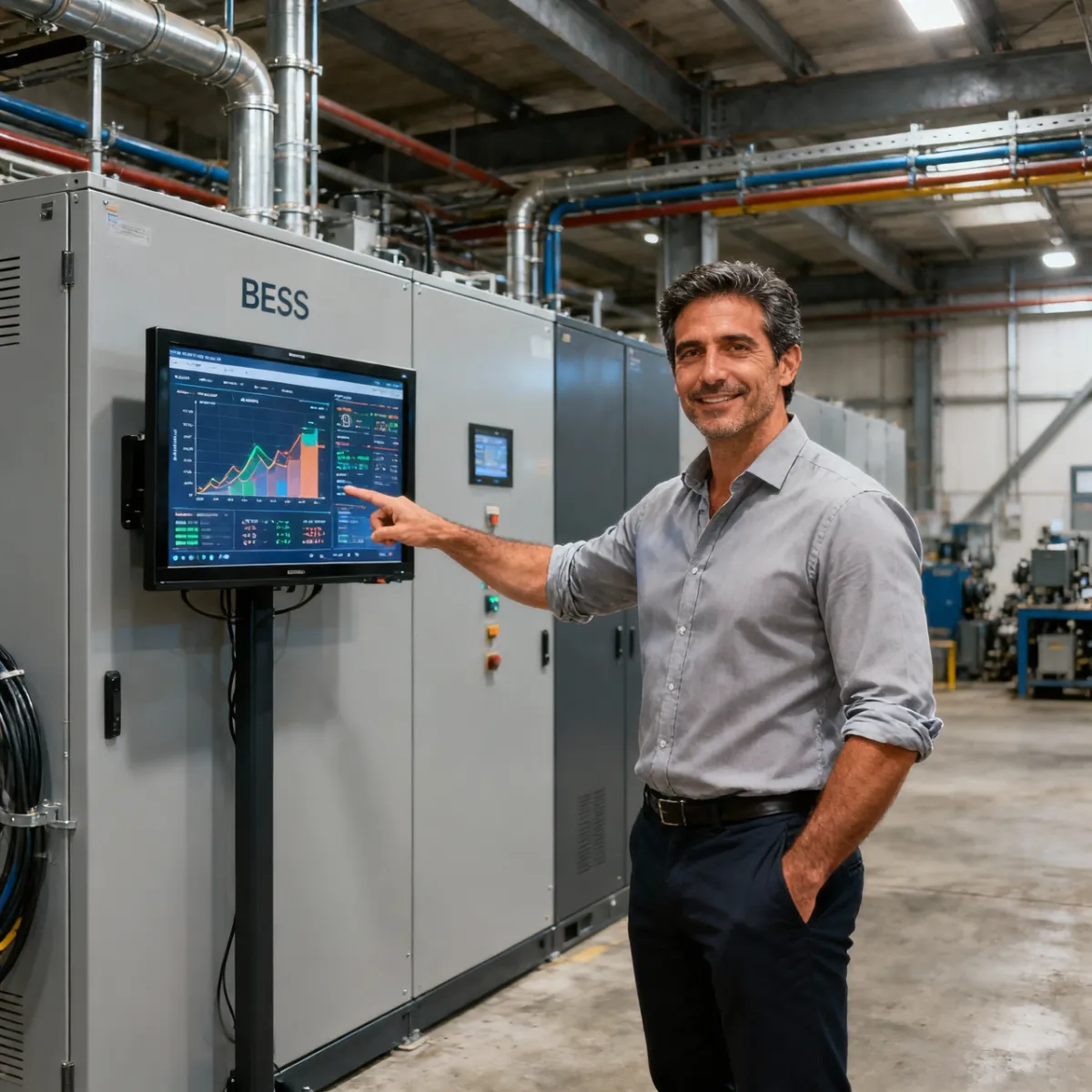 Javier Santos, asesor energético de Alesan Soluciones, analizando el rendimiento de un sistema BESS de almacenamiento energético industrial en Móstoles